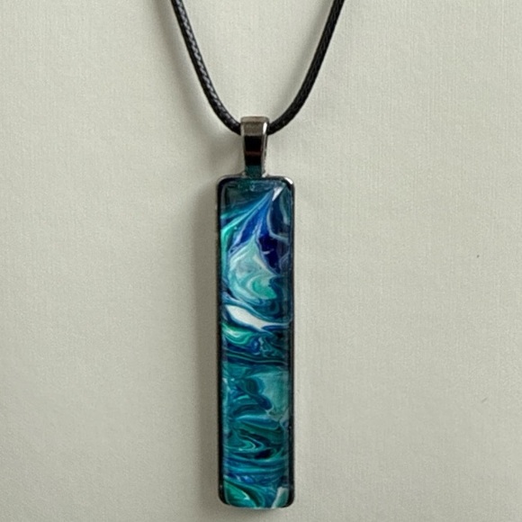 Handmade Blue Teal Fluid Art Bar Pendant Necklace Long Rectangle Minimalist - Picture 4 of 10